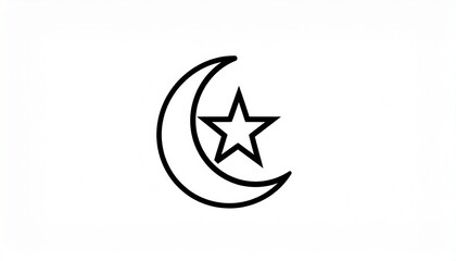 Simple black outline illustration of a celestial crescent moon and star symbol, representing night sky, spirituality, and cultural identity in a minimalist vector design