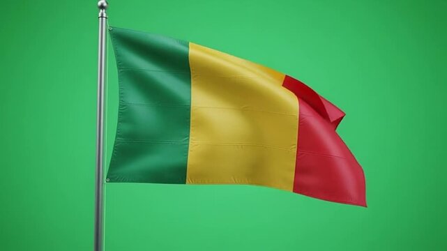 High quality video of the Malian national flag waving in the wind on a pole with green background, featuring green, yellow, and red vertical tricolor stripes, ideal for chroma key and West African ide