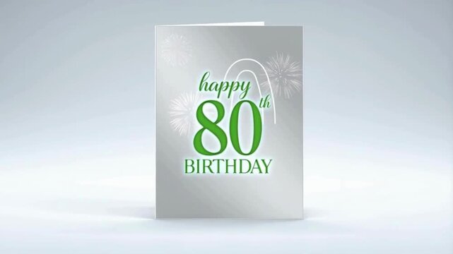 happy 80th birthday greeting card; bright eighty year anniversary animation with elegant green text and firecrackers