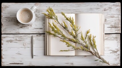 Overhead Rustic Desk with Blank Book, Coffee, and Plant
