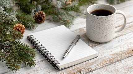 Winter Cozy Scene with Coffee, Notebook, and Pine Branches