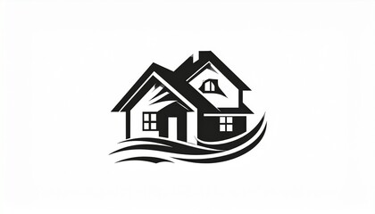 Abstract black and white illustration of houses with wavy lines representing water or land beneath them