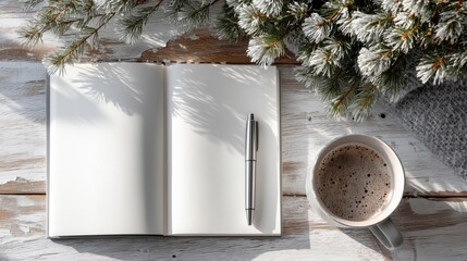 Winter Morning Coffee and Notebook with Frosted Pine Branches