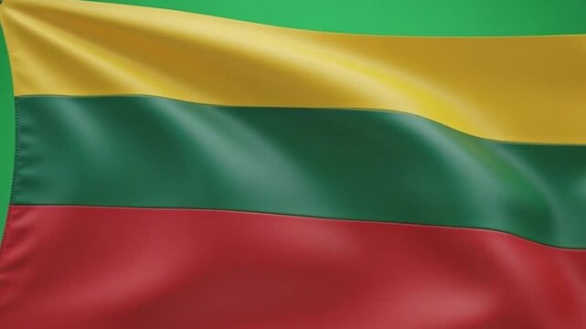 High quality video of the Lithuanian national flag waving in the wind on a pole with green background, featuring yellow, green, and red horizontal stripes, ideal for chroma key and Baltic national ide