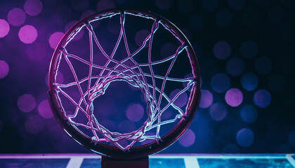 Vibrant neon glow illuminates a basketball hoop net against a blurred bokeh background, capturing the dynamic energy of the game at dusk or night