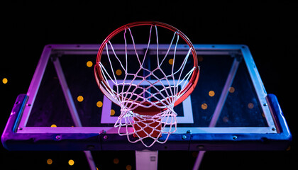 Basketball hoop and net illuminated by colorful neon lights against a dark background