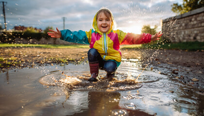 Joyful Child Splashing in Puddles After Rain, Embracing Outdoor Fun