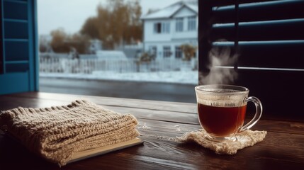 Cozy Winter Scene: Hot Tea and Book by the Window