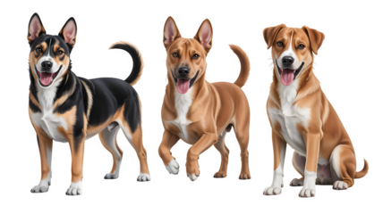 Three happy and energetic domestic dogs of various breeds, standing, walking, and sitting, isolated on transparent background.