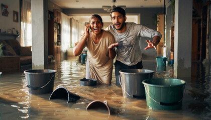 Shocked young couple stands distressed in their flooded living room, overwhelmed by the sudden deluge of water causing significant damage and an unexpected household emergency