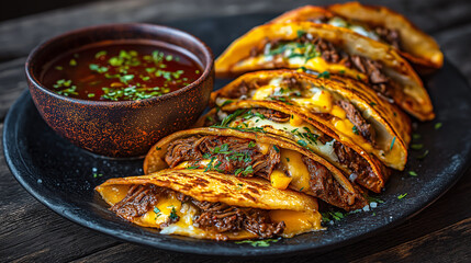 Crispy Mexican quesabirria tacos filled with slow-cooked beef and melted cheese, dramatic cheese pull, served with dipping broth