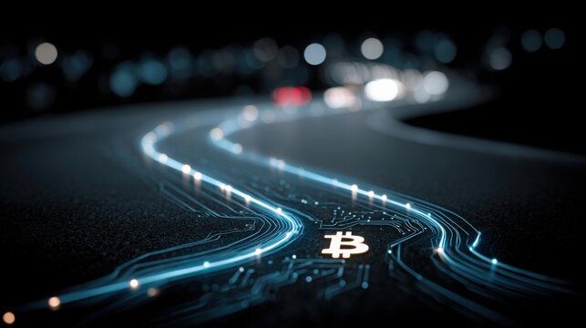 Road with light trail symbolizing the efficiency and progress of crypto mining operations in the digital financial landscape - Powered by Adobe