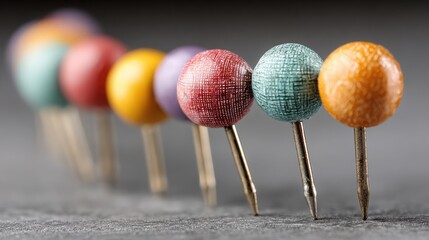 Colorful array of push pins arranged neatly in a row displaying a variety of bright colors for organizational purposes