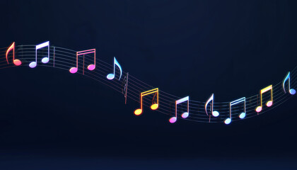 Abstract musical notes on a dark blue background with colorful gradients illuminating the staff and notes, representing sound and melody