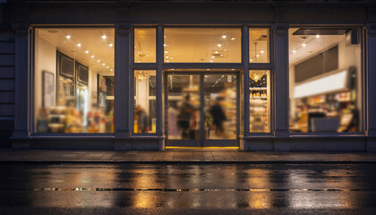Illuminated storefront windows radiate a soft glow onto a wet city street at twilight, creating a captivating reflection and an inviting urban night atmosphere