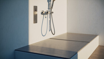 Minimalist bathroom shower bench with textured surface and modern chrome fixtures against a white wall