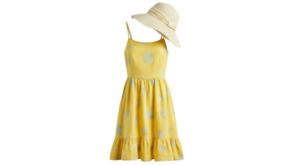 Yellow floral sundress with straw hat isolated PNG, summer fashion apparel for vacation and casual wear on transparent background