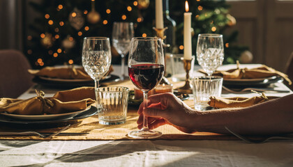 Festive Holiday Dining Table Setting with Red Wine and Christmas Tree Lights