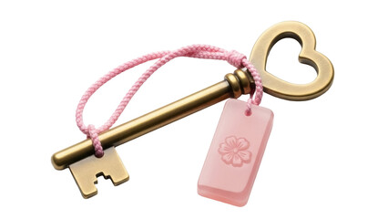 Golden heart-shaped key with pink tag isolated PNG, vintage love symbol for Valentine s Day and romantic design projects on transparent background