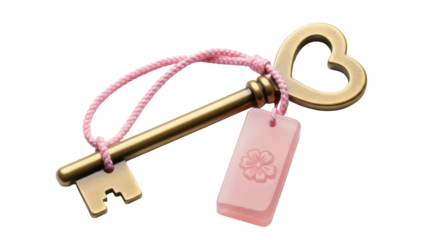Golden heart-shaped key with pink tag isolated PNG, vintage love symbol for Valentine s Day and romantic design projects on transparent background
