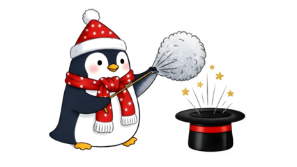 Penguin in festive attire performs magic trick with hat and wand in winter scene illustration