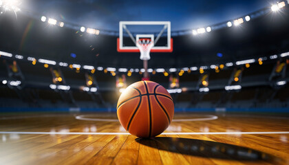 Basketball on polished court with stadium lights at night, ready for a game