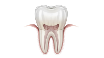 Detailed tooth anatomy PNG isolated on transparent background, cross section of molar with roots and pulp for dental education and healthcare