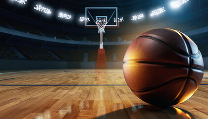 Basketball court with a basketball in the foreground during a game, sports arena lighting