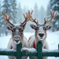 Close-up Portrait of Two Reindeer Standing in Snowy Winter Forest
