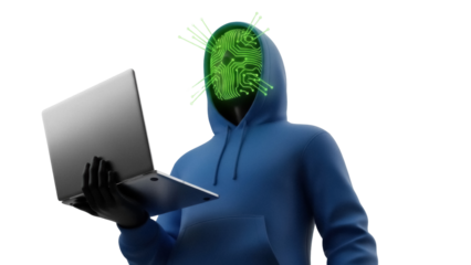 Hacker with circuit board face in hoodie holding laptop PNG isolated on transparent background, cyber security concept for technology and digital use