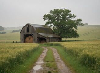 Obraz premium Rustic Farm Scene with Barn and Green Fields in Rainy Weather