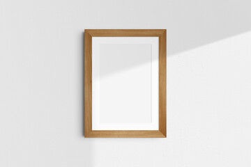 Frame mockup 5x7, 50x70, A4, A3, A2, A1. Single cherry wood frame mockup. Clean, modern, minimalist, bright. Portrait. Vertical. Passepartout/mat opening in 2:3 aspect ratio. Shadow overlay.
