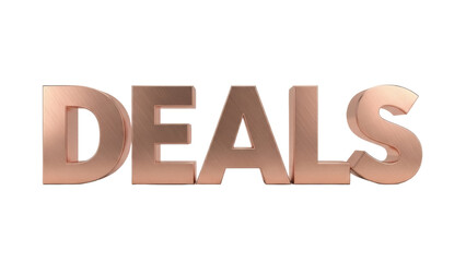 Rose gold 3D DEALS text isolated PNG, shiny metallic letters for sales promotions and marketing campaigns on transparent background