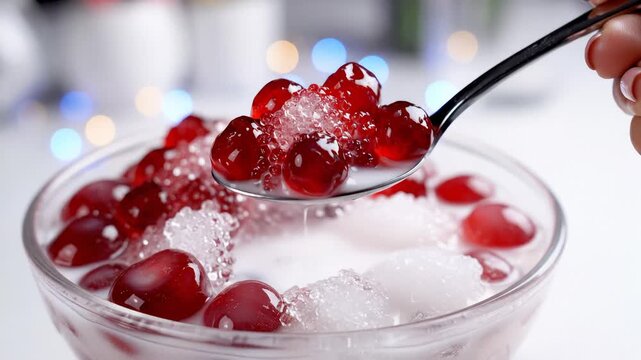 Scooping Thai Dessert Tub Tim Grob With Coconut Milk and Ice