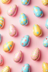 A beautiful array of pastel easter eggs scattered on a pink background