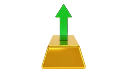 Green arrow up on gold bar isolated PNG, financial growth and investment concept for business success on transparent background