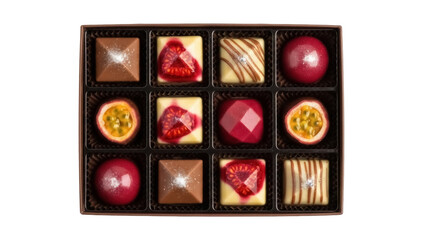 Gourmet chocolate box with assorted flavors isolated PNG, luxury confectionery with passion fruit and raspberry fillings on transparent background