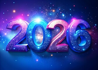 Glittering 2026 sparkles in vibrant purple and blue against starry night sky