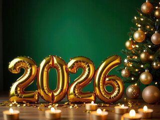 Warmly Lit 2026 Golden Balloons and Green Holiday Background