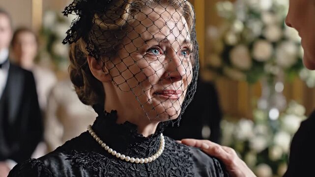 Older woman crying deeply, wearing a black veil and pearl necklace, receiving comfort with a hand on her shoulder. This poignant moment depicts grief and loss, ideal for funeral related content.