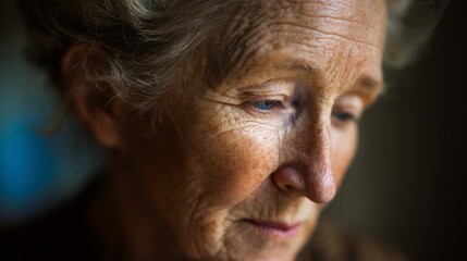 Thoughtful elderly woman with silver hair reflecting on life, capturing emotions and wisdom through expressing tranquility and gentle contemplation
