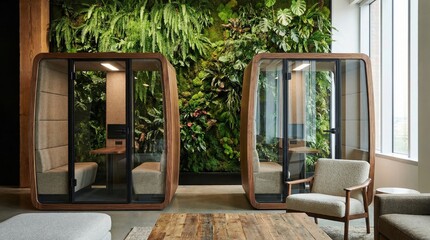 Modern Office Pods With Living Wall Providing Biophilic Workspace Solutions for Focus and Privacy