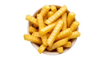 Golden crinkle cut French fries in a bowl isolated PNG, delicious potato snack on transparent background for fast food menus and takeout