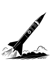 Black and White Illustration of a Rocket Launching into Space