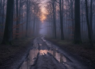 Obraz premium Misty Forest Path at Dawn with Reflections in Puddles on Ground