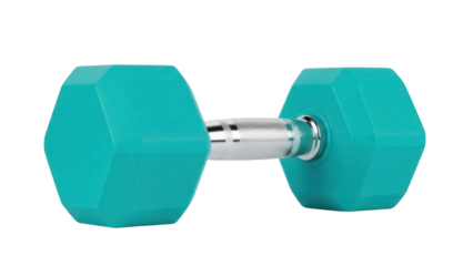 Teal dumbbell isolated PNG, fitness equipment for strength training and exercise, weightlifting tool for gym and home workouts on transparent background