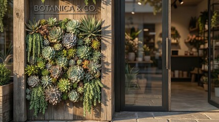 Vibrant Succulent Wall Adorning a Modern Botanical Storefront with Elegant Entrance