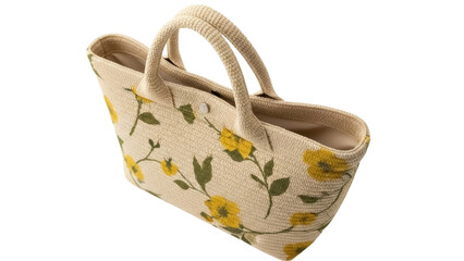 Floral tote bag PNG isolated on transparent background, beige woven handbag with yellow flower...