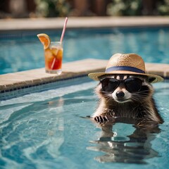 A raccoon with sunglasses and a hat enjoys a cocktail in the pool