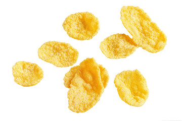 Flying Cornflakes isolated on white background. Levitating corn flake cereal top view. Flat lay